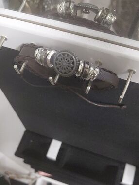 Brown Leather Beaded Bracelet with Metal Accent